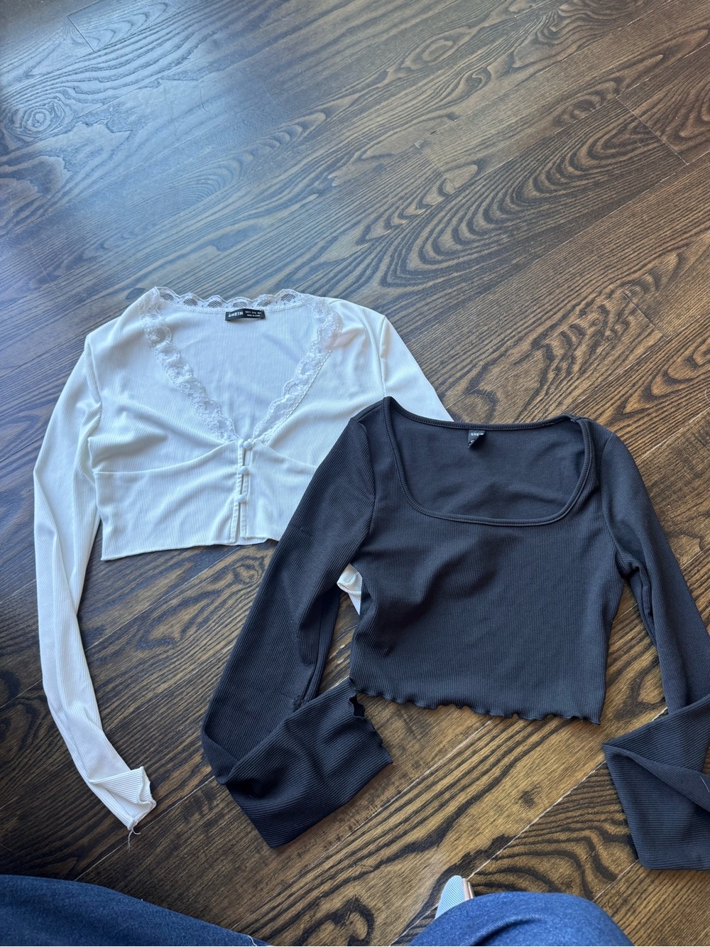 SHEIN White Lace-Trim Cropped Cardigan & Black Square-Neck Crop Top Set